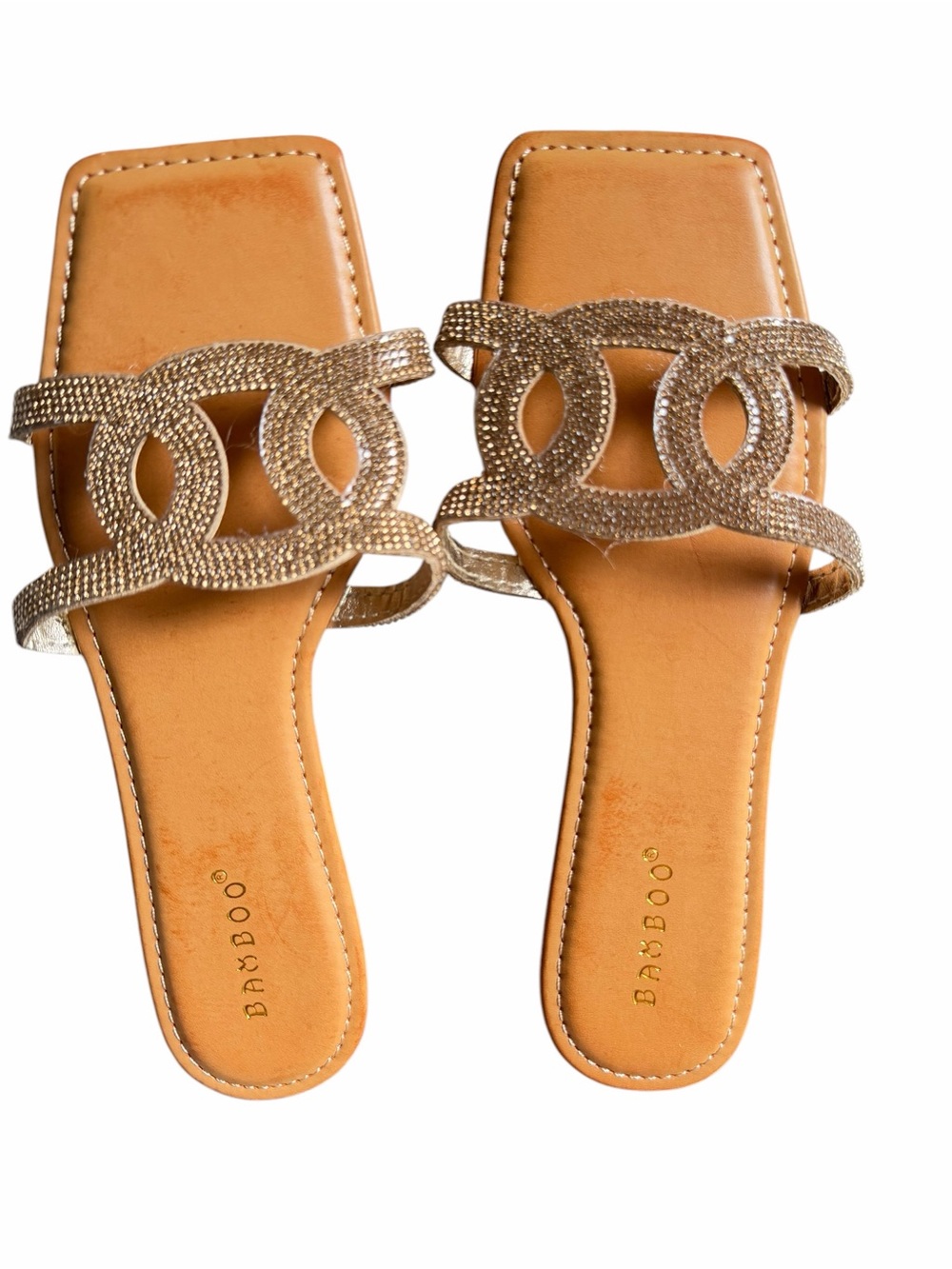 BAMBOO Gold Rhinestone Double-Loop Slide Sandals